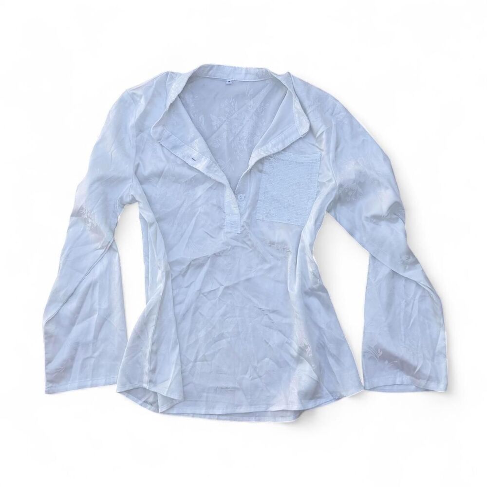 White Satin Jacquard Floral Blouse With Sequin Details Size M